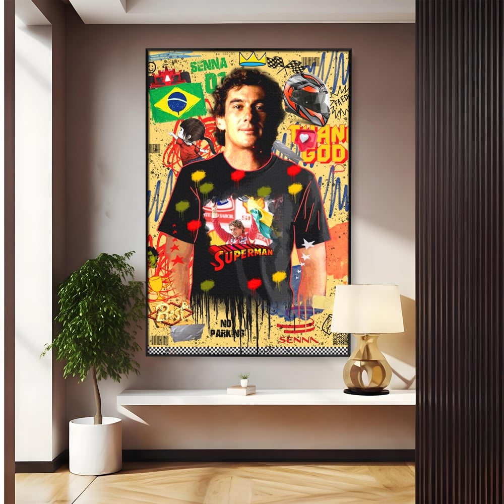 Tablou canvas cu tablou canvas cu ayrton senna, in rama de aluminiu negru